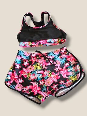 Black Floral Two-Piece Swim Set